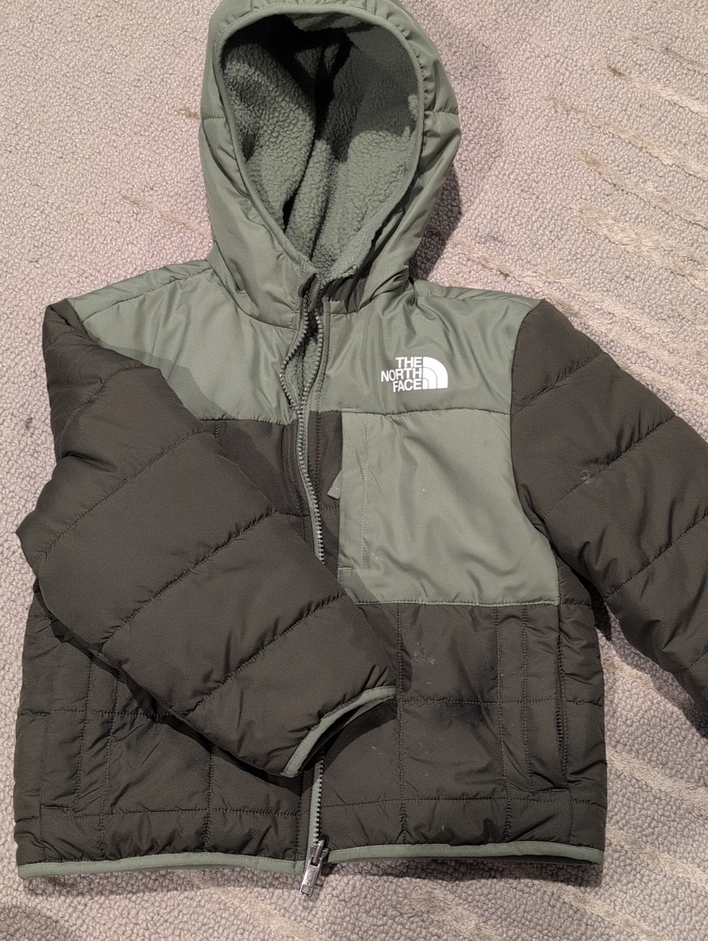 The North Face Kids Reversible Olive and Dark Green Hooded Puffer Jacket